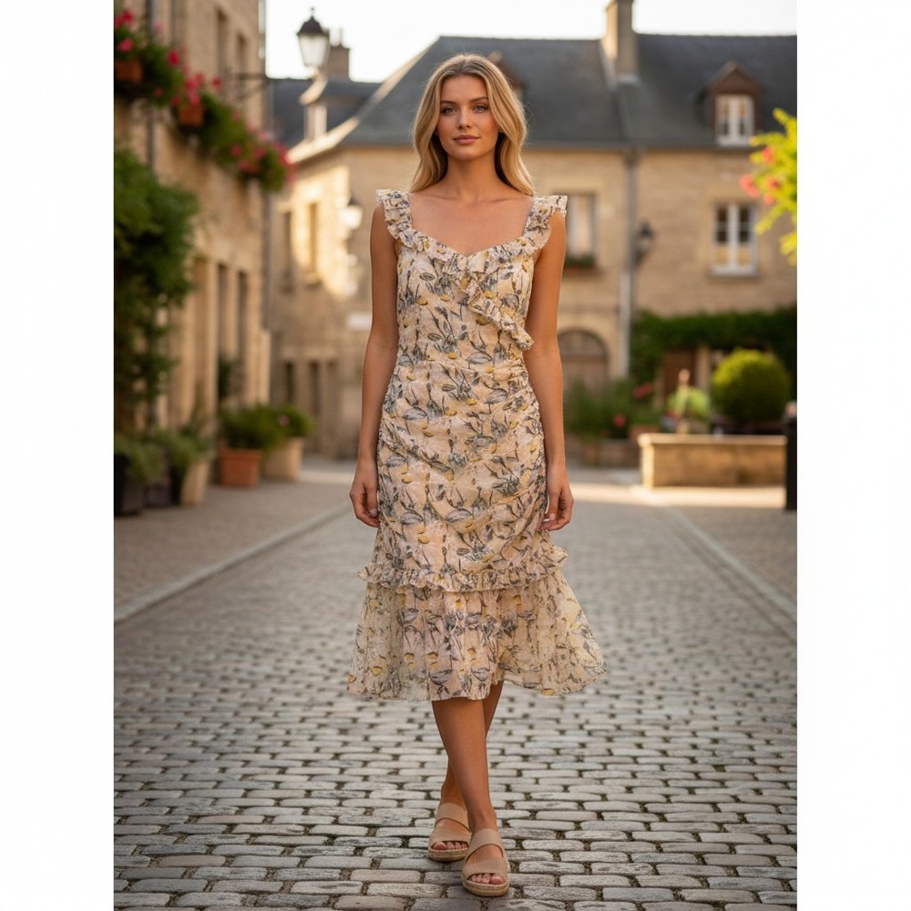 Toss For Girls Yellow Floral Ruffle Midi Dress Ruched Side Slvls Flounce Hem‎ XS